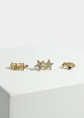 3-Piece Star & Eye Cuff Earrings Office Ready Dazzling Shine