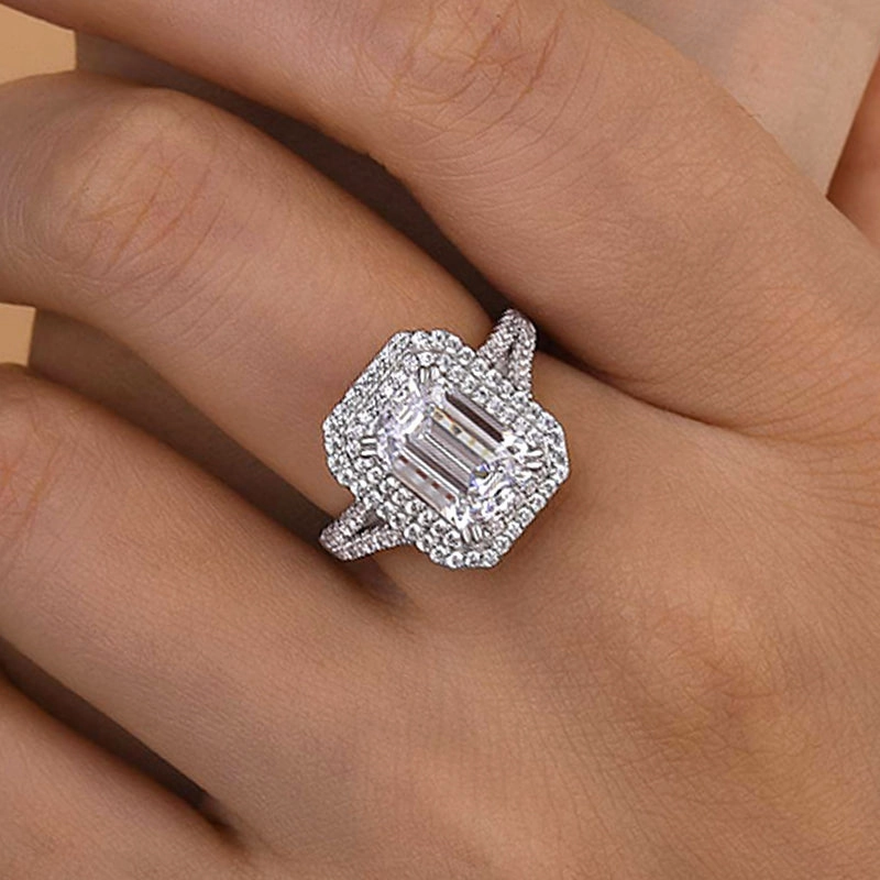 Louily Luxurious Double Halo Emerald Cut Engagement Ring In Sterling Silver Smooth Touch