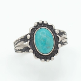 Navajo Handmade Sterling Silver Turquoise Ring (Hallmark Unknown) (Size 7) Retro Mood