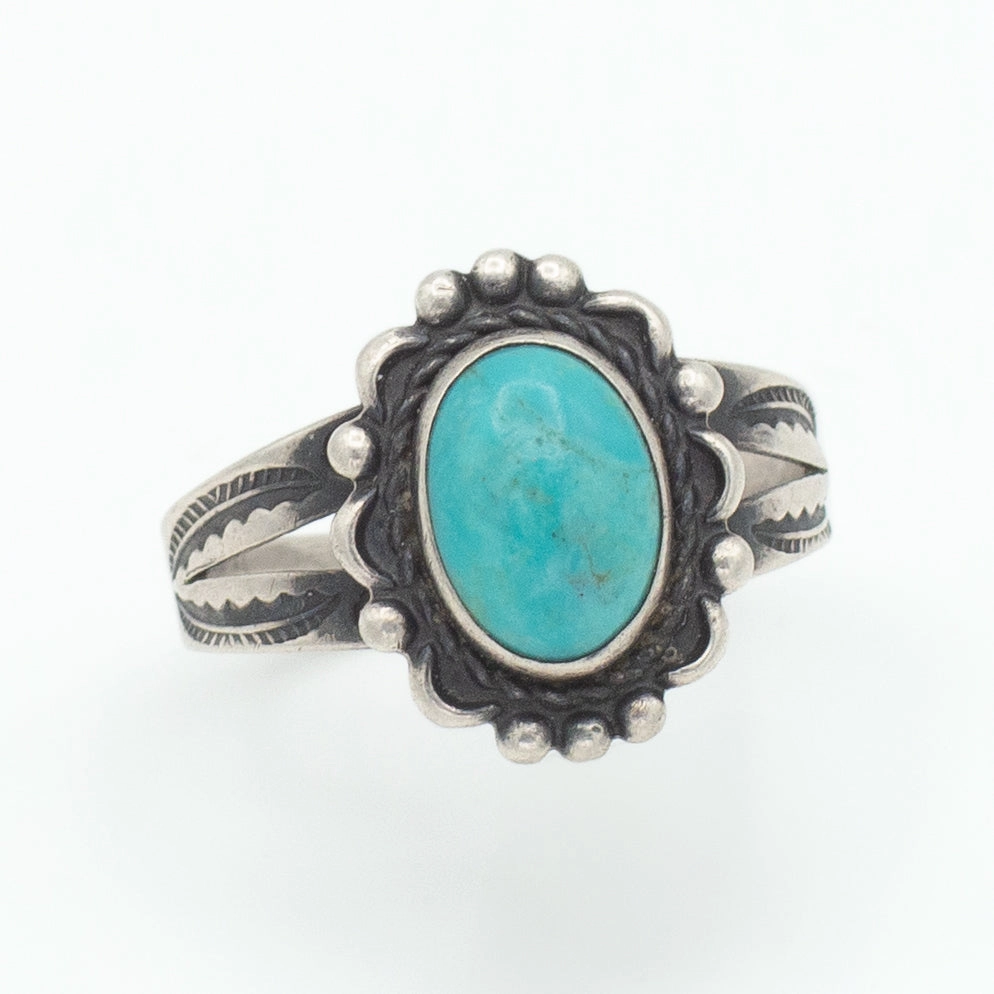 Navajo Handmade Sterling Silver Turquoise Ring (Hallmark Unknown) (Size 7) Retro Mood