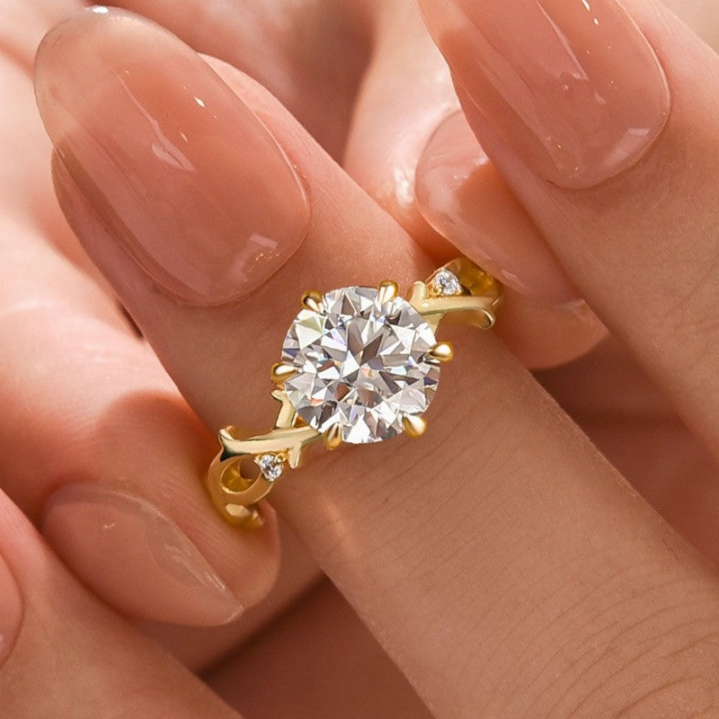 Moissanite 2.0 Ct Twig 6 Prong Round Cut Twist Yellow Gold Engagement Ring Off The Rack