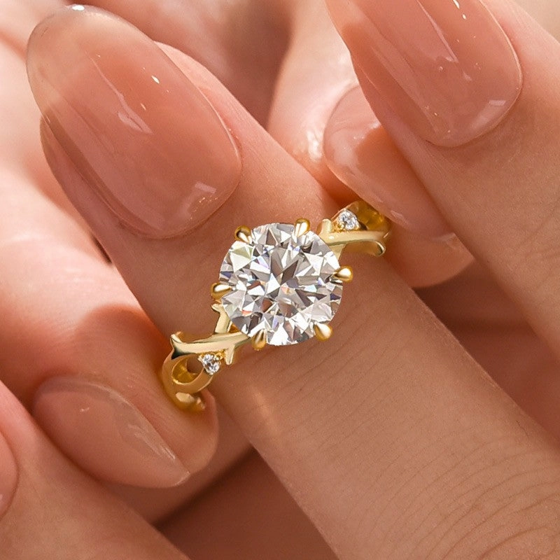 Fashionable Accessory Moissanite 2.0 Ct Twig 6 Prong Round Cut Twist Yellow Gold Engagement Ring