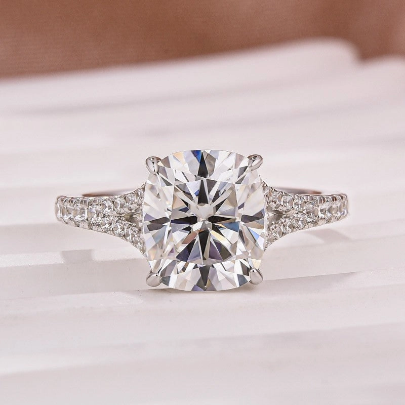 Ready Made Moissanite 3.5Ct Cushion Cut Split Shank White Gold Engagement Ring