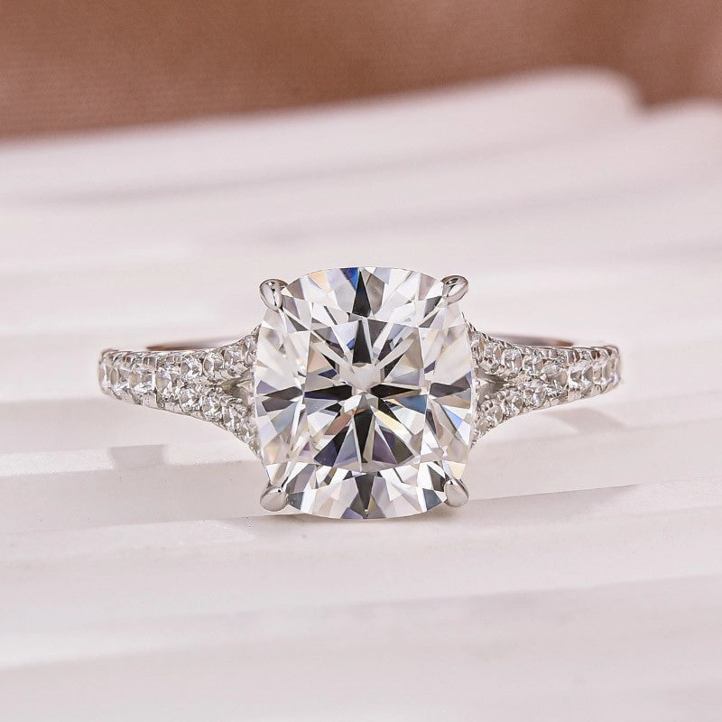 Moissanite 3.5Ct Cushion Cut Split Shank White Gold Engagement Ring Branded Expression Brilliant Statement