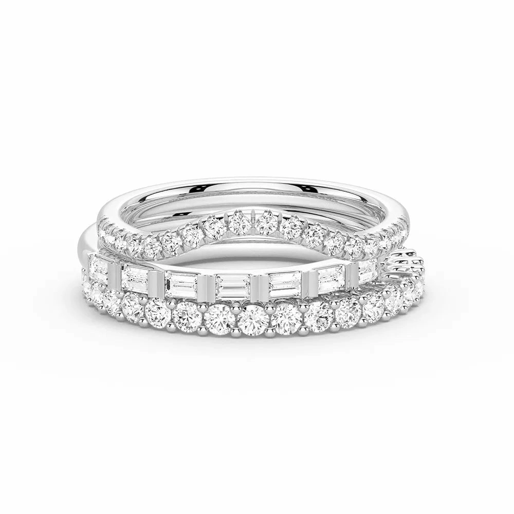 Glam Element Ethnic Inspiration Baguette and Round Cut Moissanite Wedding Bands with French Pave Band Stacking Rings