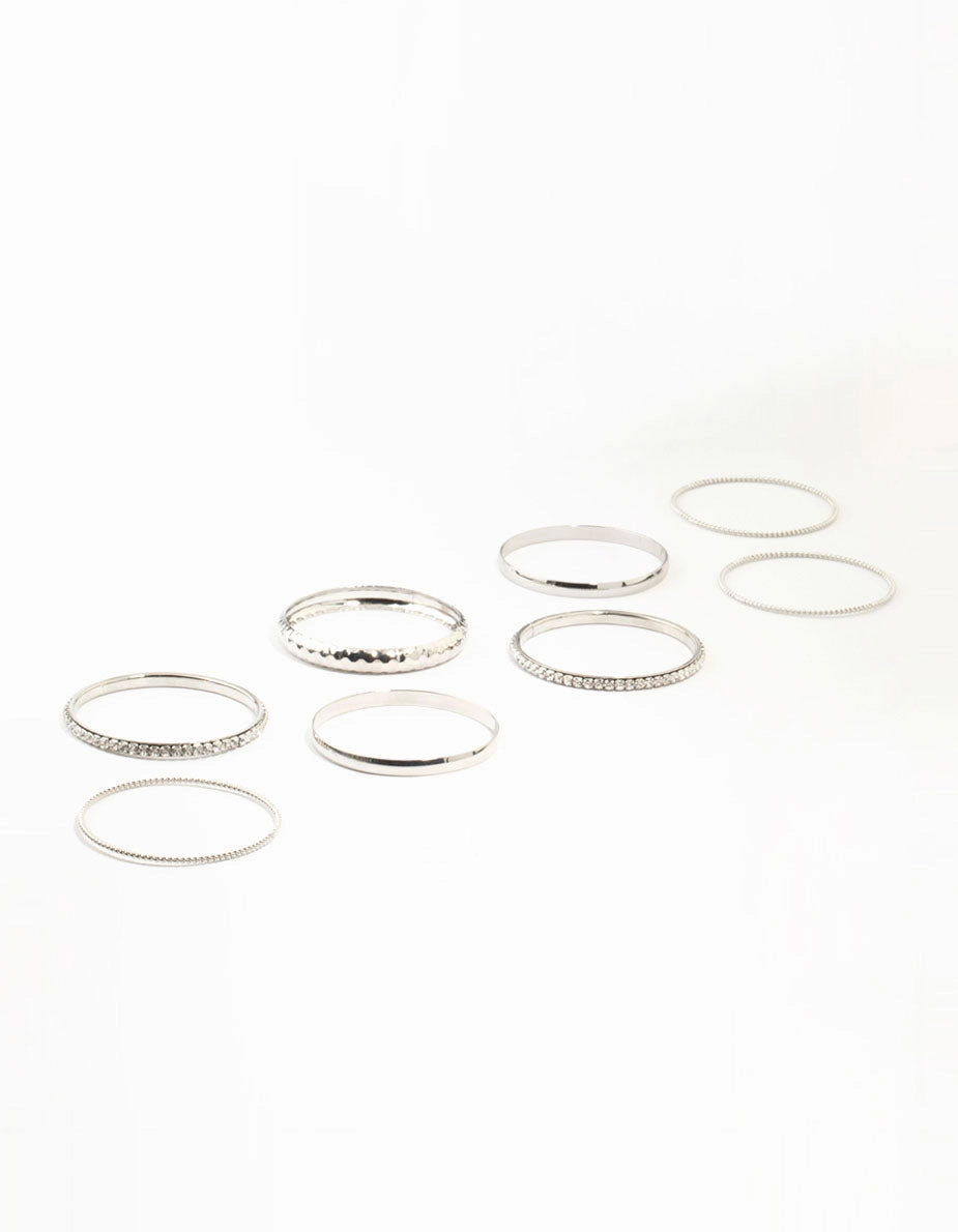 Silver Hammered Diamante Bangle & Stretch Bracelets 8-Pack Confidence Builder Collector's Items