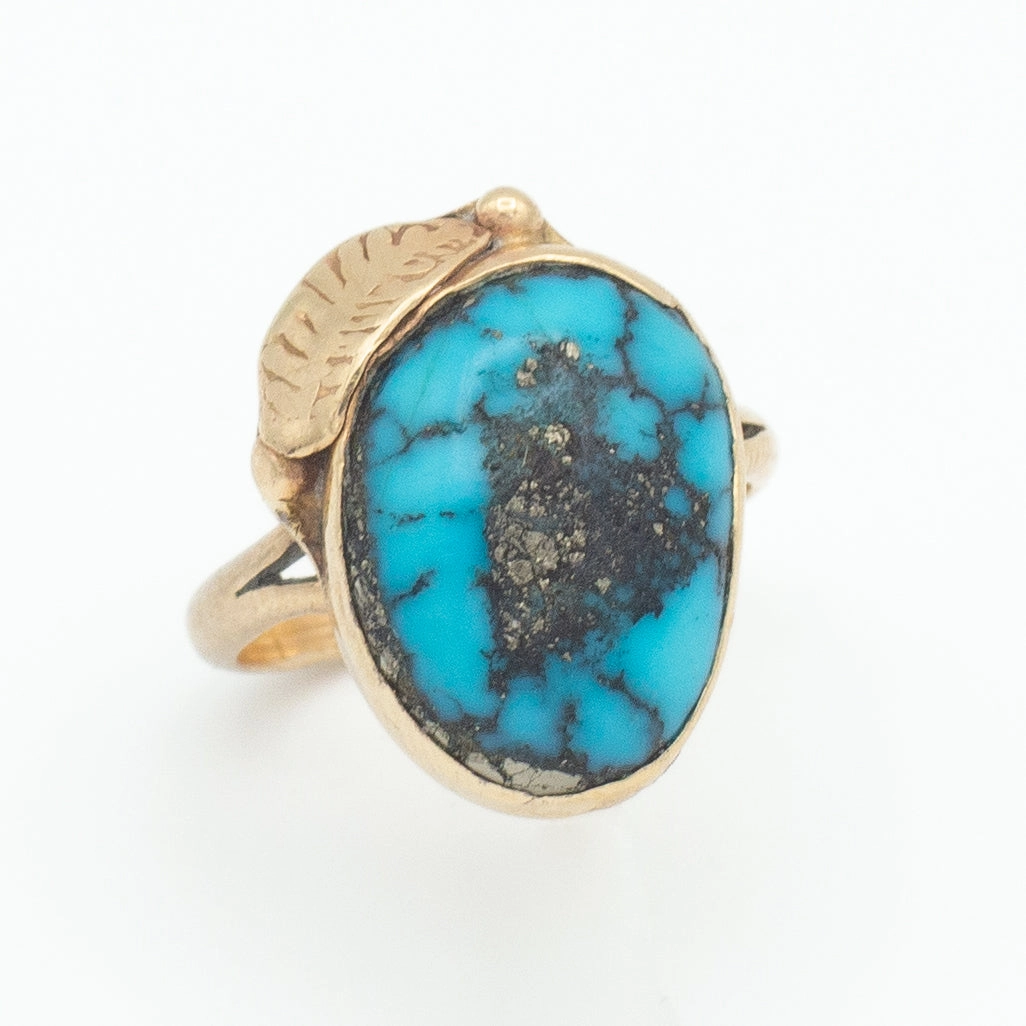 Navajo Handmade 14K Yellow Gold Turquoise Ring (Hallmark Unknown) (Size 5) Bright Radiance Dainty Touch