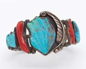 Navajo Handmade Sterling Silver Turquoise Coral Cuff Bracelet (Hallmark Unknown) Minimal Appeal