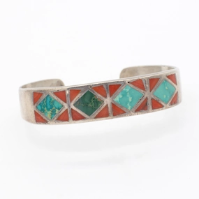 Navajo Handmade Sterling Silver Turquoise Coral Cuff Bracelet (Hallmark Unknown) Handcrafted Accent