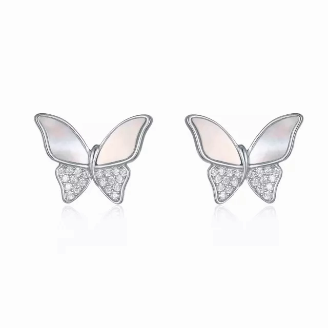 Sterling Silver Butterfly Half CZ Mother of Pearl Stud Earrings Sparkling Craftwork Sleek Piece
