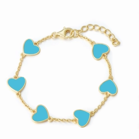 Classic Sparkle Custom Gifts Gold Plated Sterling Silver Blue Enamel Heart Station Bracelet