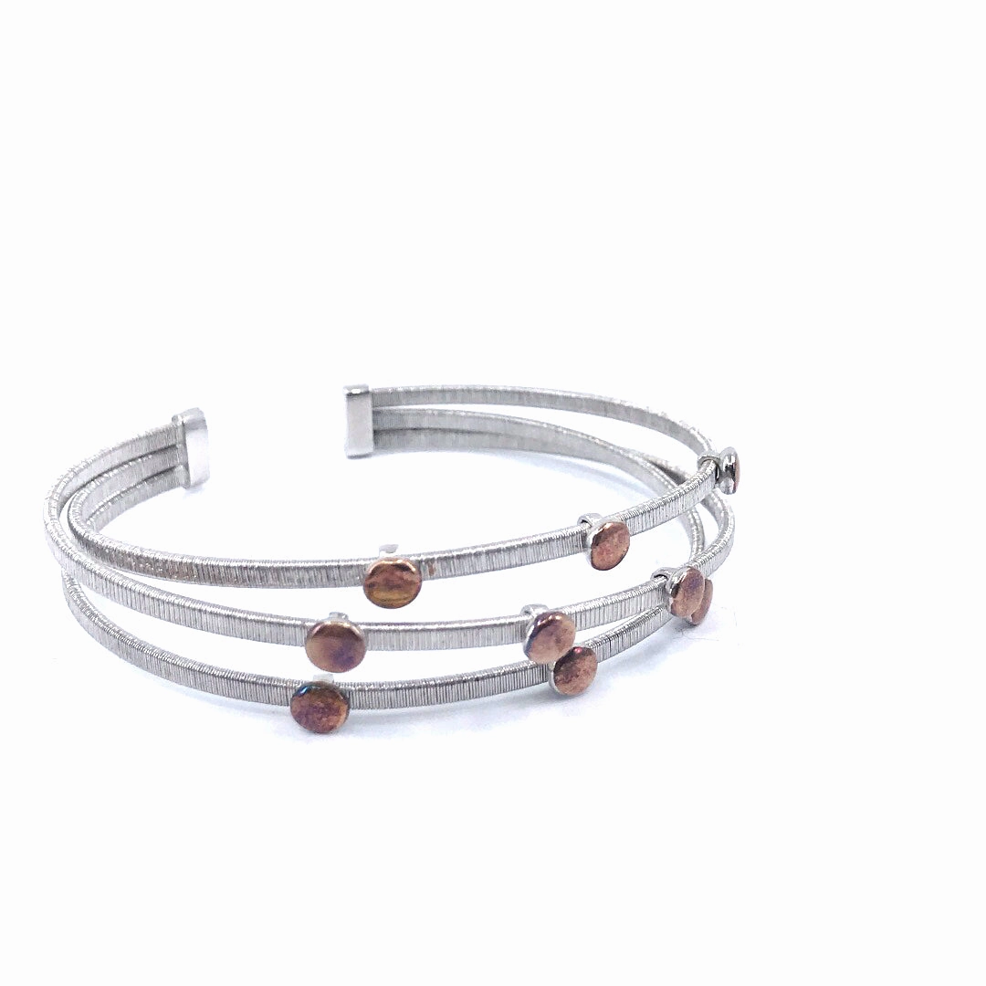 Sterling Silver 3 Row Bangle Bracelet with Rose Gold Plated Circles Subtle Sparkle