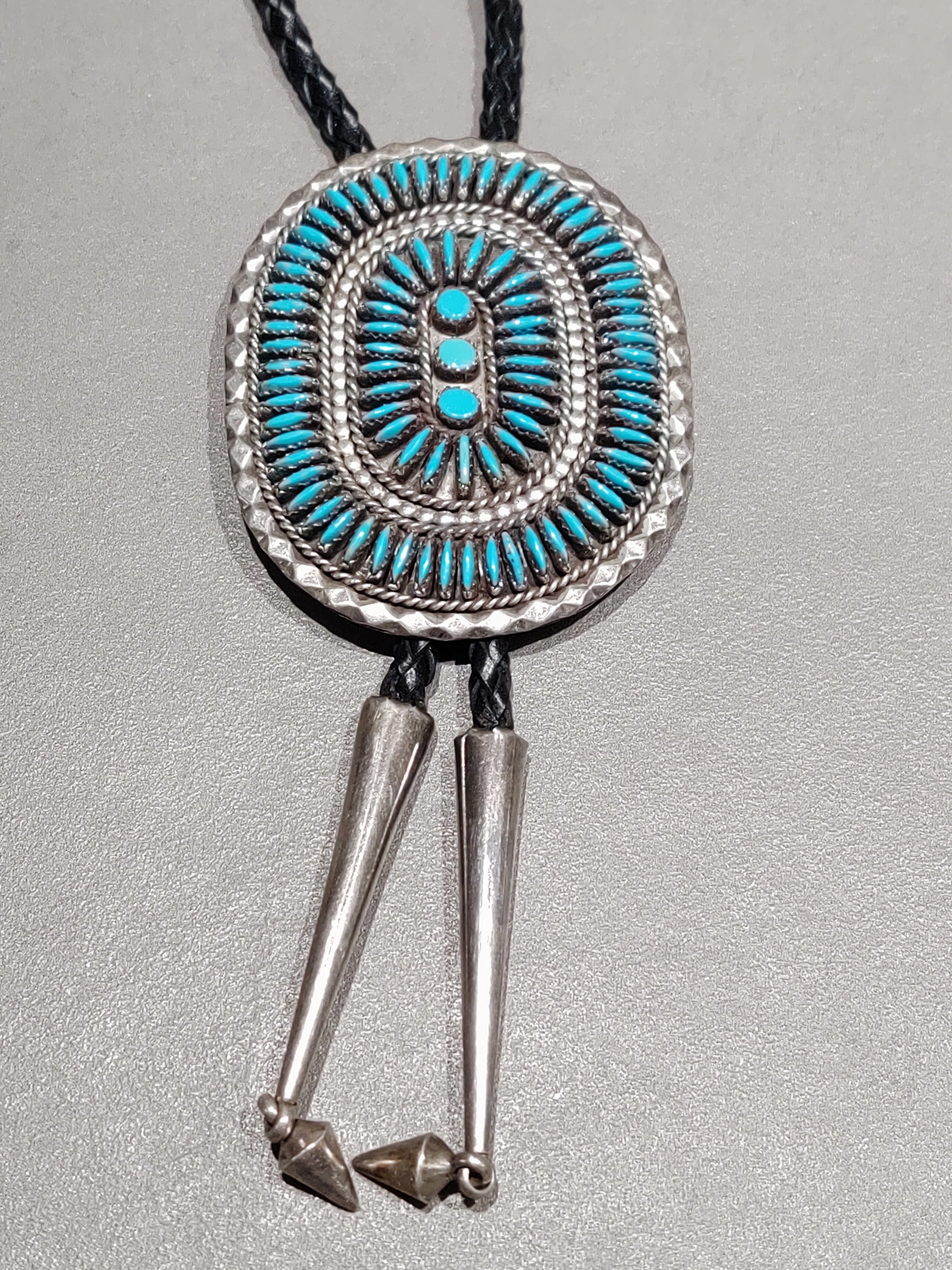 Elegant Pairing Needlepoint Turquoise Sterling Silver Bolo - Handmade Native American