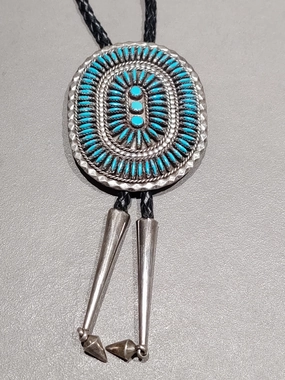 Elegant Pairing Needlepoint Turquoise Sterling Silver Bolo - Handmade Native American