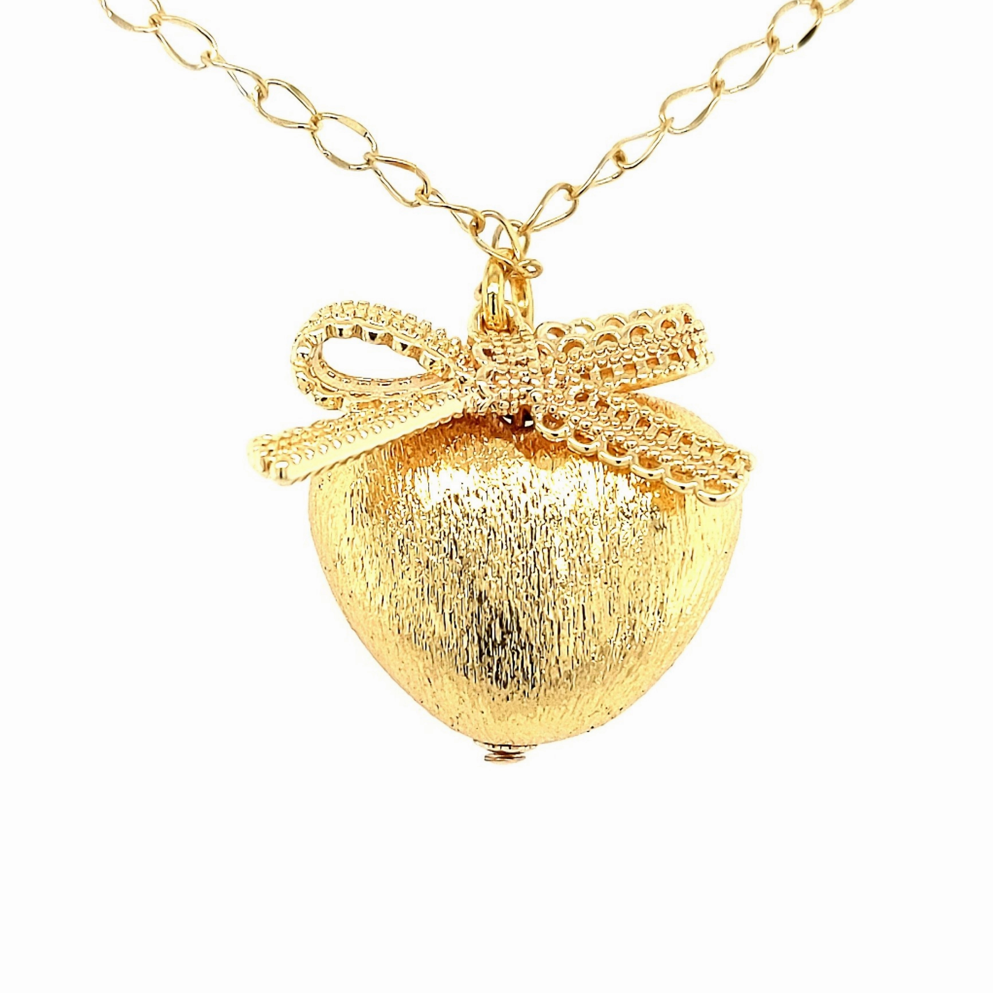 Pure Detail Neutral Tone Gold Plated Design Bow With Large Brushed Puffy Heart Necklace