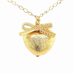 Pure Detail Neutral Tone Gold Plated Design Bow With Large Brushed Puffy Heart Necklace