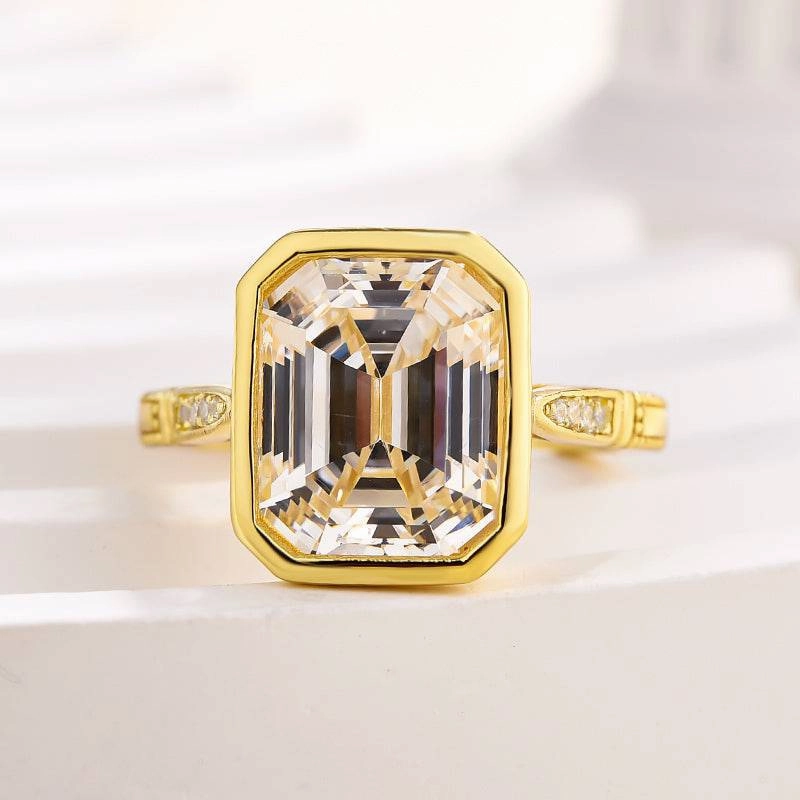 Simple Keepsake Louily Luxurious Yellow Gold Emerald Cut Bezel Engagement Ring In Sterling Silver