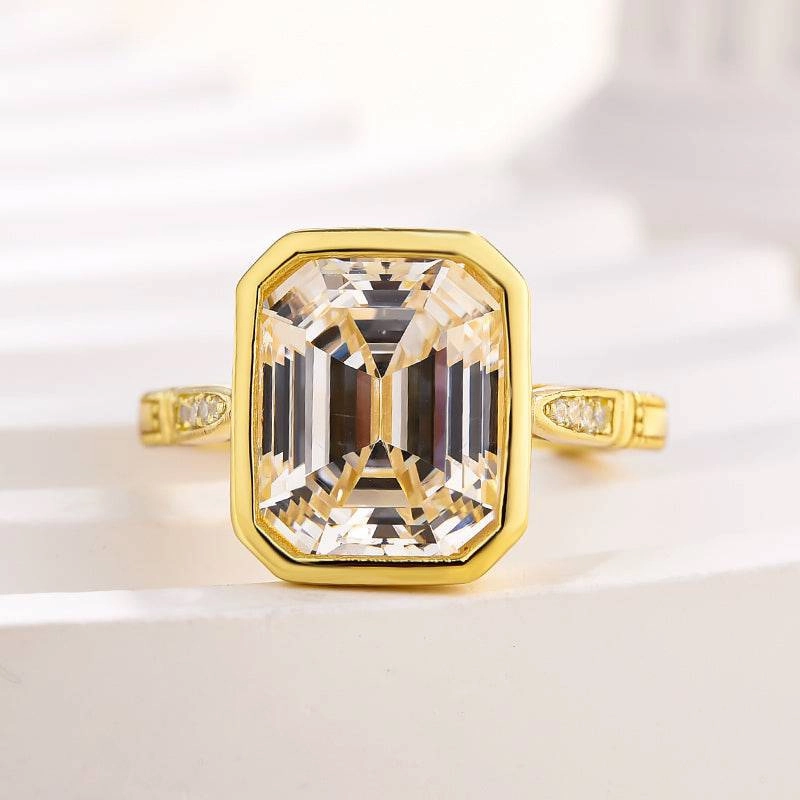 Modern Mark Louily Luxurious Yellow Gold Emerald Cut Bezel Engagement Ring In Sterling Silver