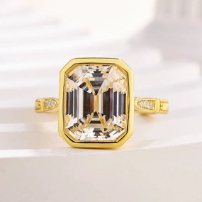 Modern Mark Louily Luxurious Yellow Gold Emerald Cut Bezel Engagement Ring In Sterling Silver
