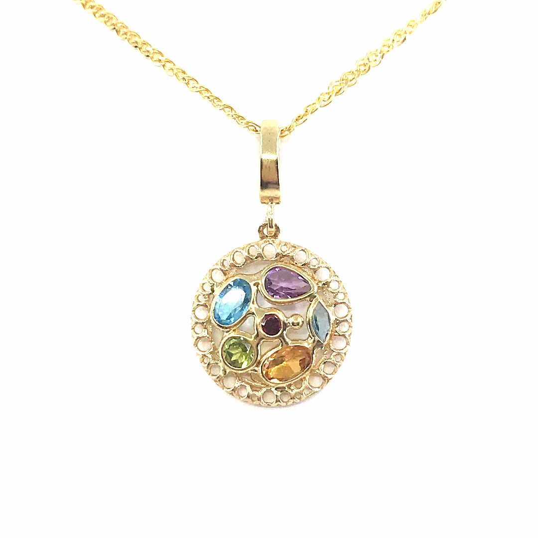 14K Gold Circle Pendant Necklace With Semiprecious Stones Soft Accent Graceful Accent