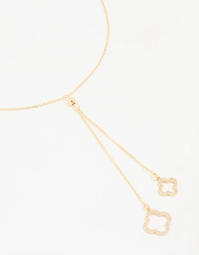 Silk Finish Chic Appeal Gold Plated Cubic Zirconia Outline Flower Y-Necklace