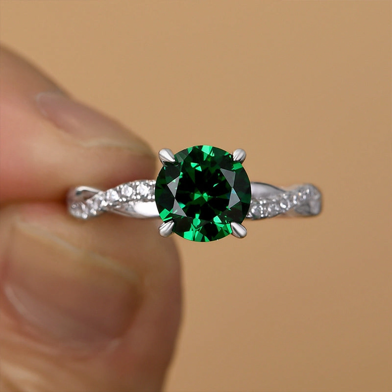 Louily Twist Round Cut Emerald Green Engagement Ring In Sterling Silver Matching Set Distinct Accessory