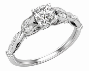 Petite Floral Diamond Engagement Ring 14 KT White Gold .75 Carat Total Weight With 2/3 ct Diamond Center Elegant Shine Contemporary Design