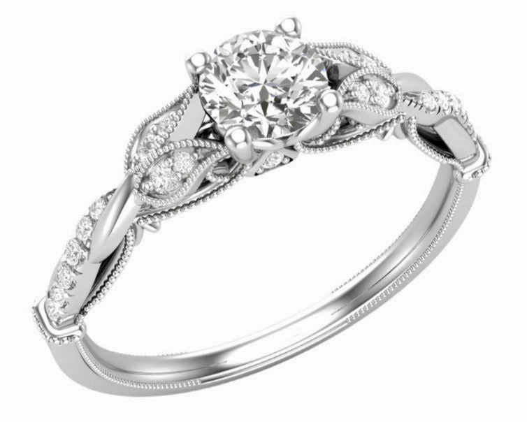 Petite Floral Diamond Engagement Ring 14 KT White Gold .75 Carat Total Weight With 2/3 ct Diamond Center Elegant Shine Contemporary Design