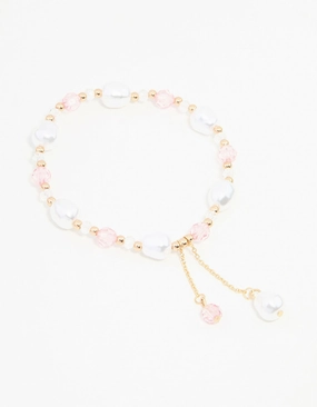 Soft Finish Festival Outfit Pink & Gold Beads & Pearls Stretch Bracelet