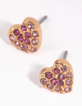 Pink Ombre Diamante Heart Stud Earrings Minimal Sparkle