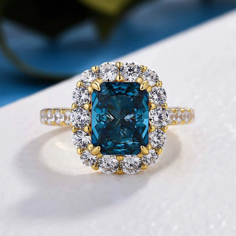 Louily Gorgeous Yellow Gold Halo Radiant Cut Montana Blue Sapphire Engagement Ring In Sterling Silver HighEnd Bauble Physical Store