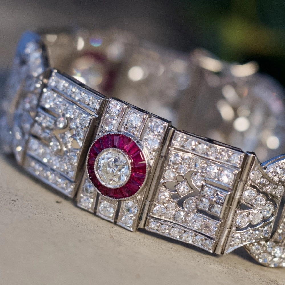 High-Quality Piece FINE ESTATE JEWELRY PLATINUM DIAMOND & RUBY HALO BRACELET ANTIQUE 1920'S