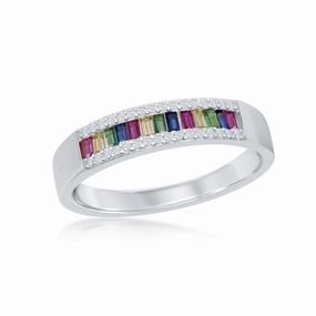 Crisp Lines Sterling Silver Baguette Rainbow CZ with White CZ Border Channel-Set Band Ring