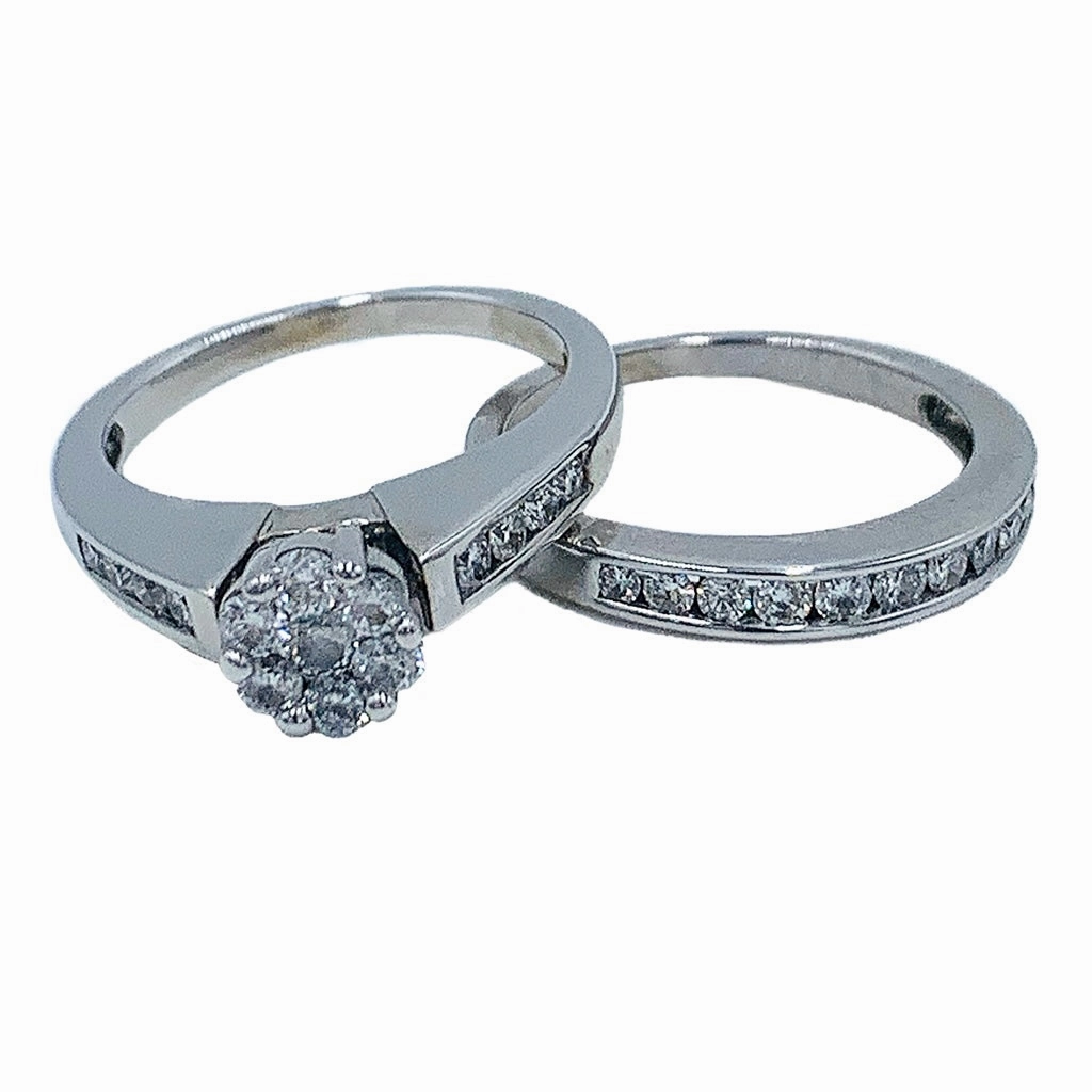 0.90 CTW 10KT white gold diamond bridal set with matching wedding band Classic Look Smooth Lines