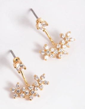Gold Plated Brass Cubic Zirconia Flower Jacket Earrings Quick Style