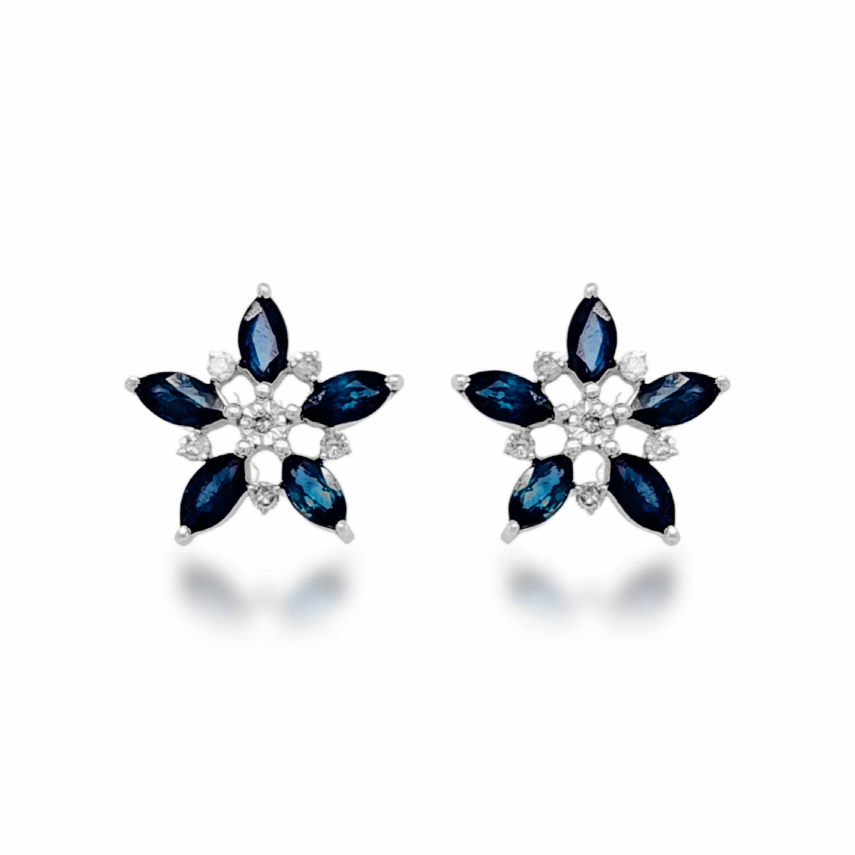 10K Gold Diamond and Sapphire Flower Stud Earrings Workwear Style