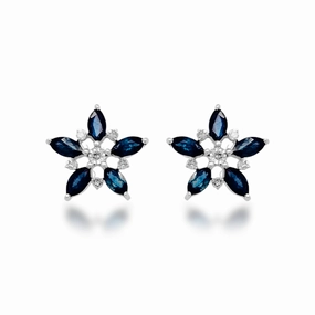 10K Gold Diamond and Sapphire Flower Stud Earrings Workwear Style