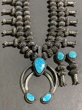 All Day Spark CHRIS HALE NAVAJO TURQUOISE STERLING SILVER SQUASH AND EARRING SET