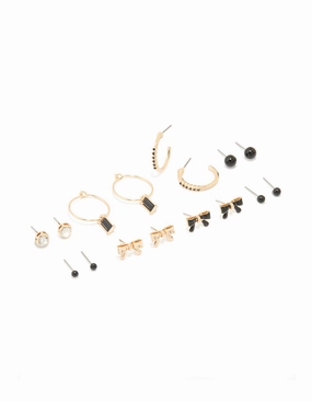 Gold Black Diamante & Bow Mixed Hoop Earrings 8-Pack Subtle Touch Anniversary Surprise