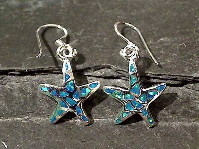 Minimal Charm Edgy Mood Created Opal, Sterling Silver Starfish Earrings