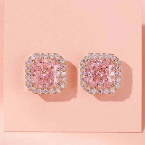 Louily Elegant Rose Gold Halo Radiant Cut Pink Sapphire Stud Earrings In Sterling Silver Romantic Style