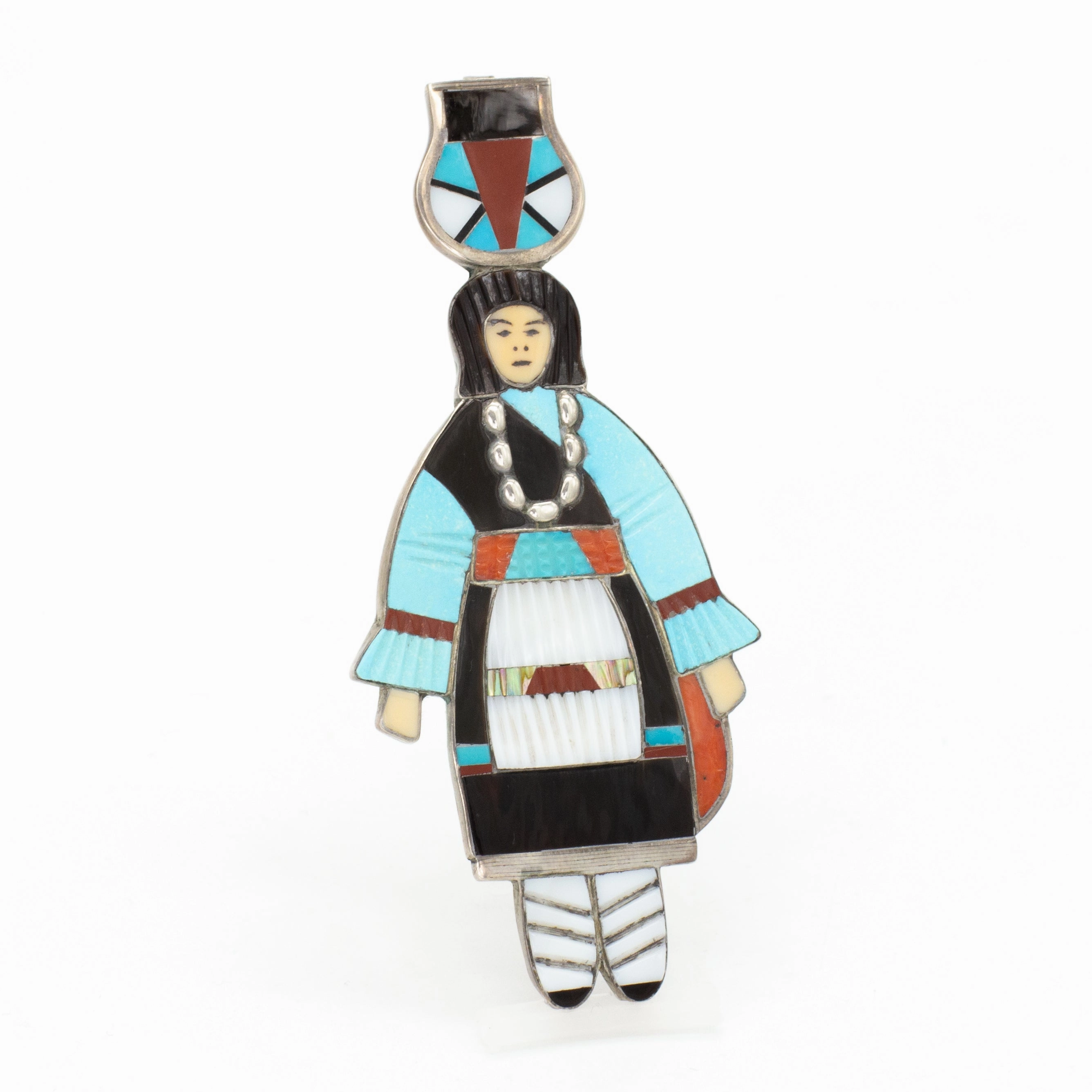 Madeline Beyuka Zuni Handmade Olla Maiden Sterling Silver Inlay Pin Understated Spark Shine In Light