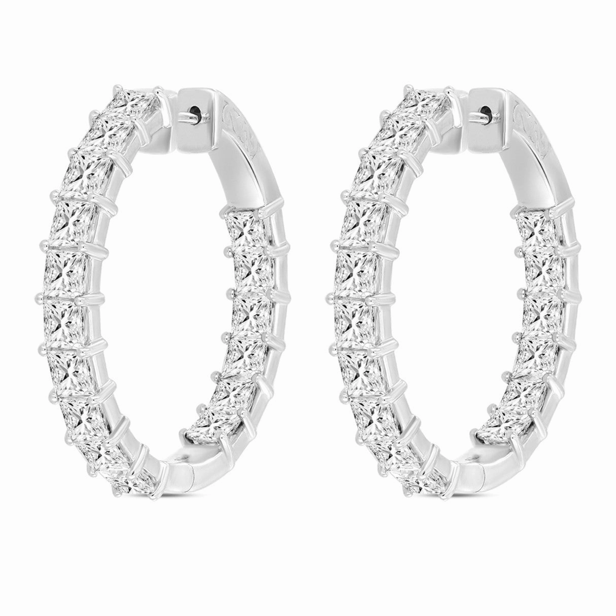 LADIES HOOP EARRINGS 7CT PRINCESS DIAMOND 14K WHITE GOLD Smooth Spark Spark Touch
