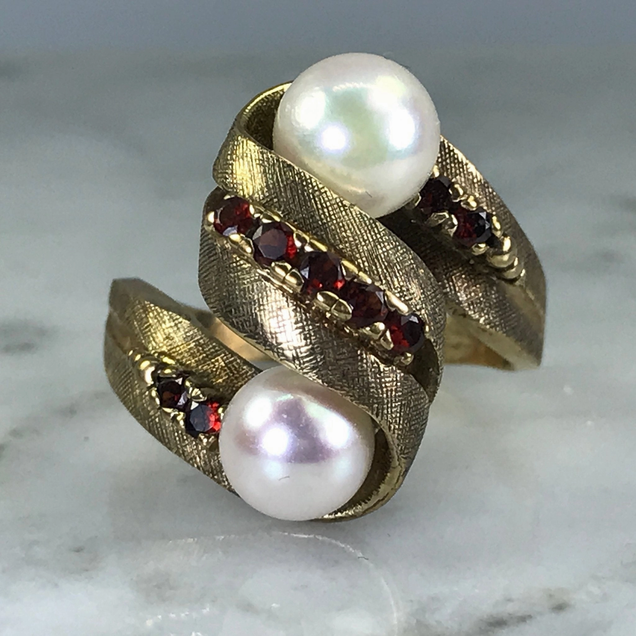 Vintage Pearl Garnet Statement Ring. 10K Brushed Yellow Gold. June Birthstone. 4th Anniversary Gift. Minimal Daywear