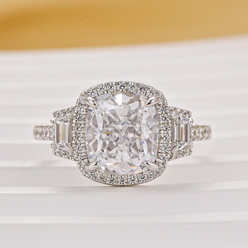3.0Ct Cushion Cut Halo Three Stone Engagement Ring In Sterling Silver Prototype Model Amazing Gift