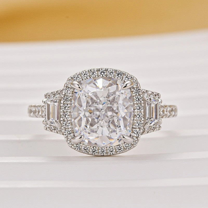 Boyfriend Gift 3.0Ct Cushion Cut Halo Three Stone Engagement Ring In Sterling Silver