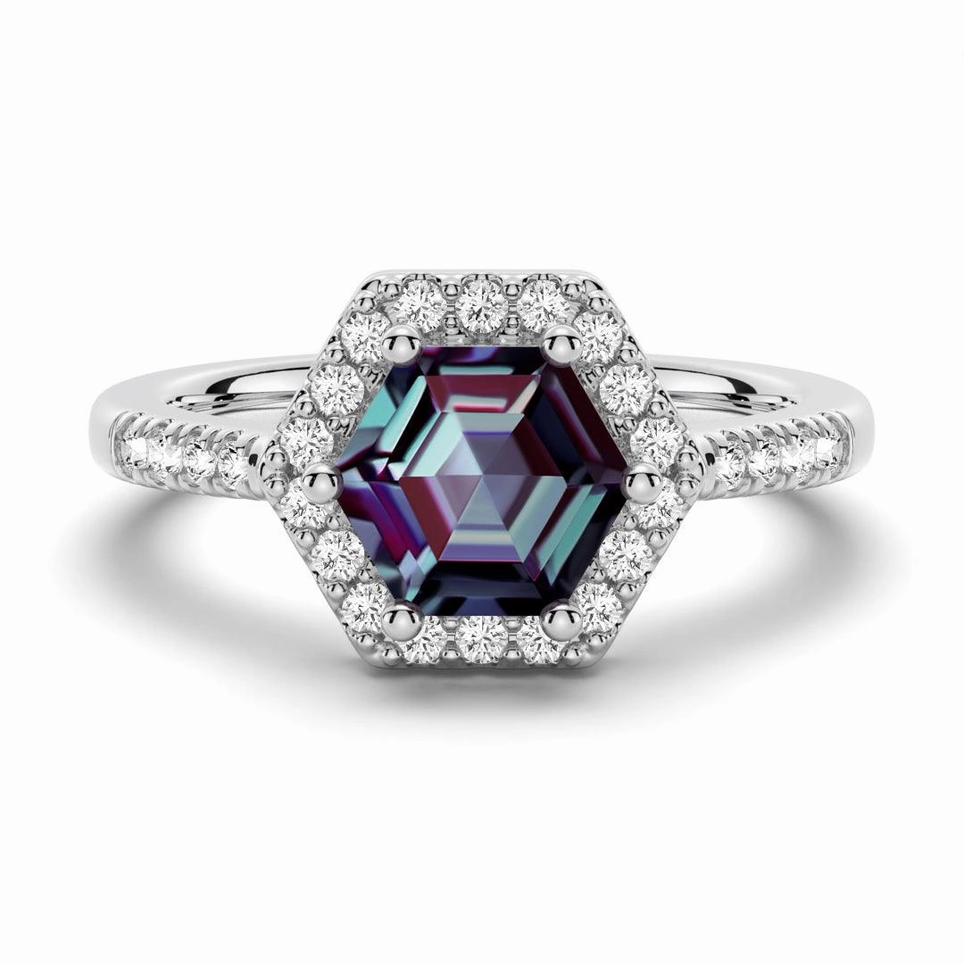 1.5 CT. Hexagon Cut Alexandrite Engagement Ring With Moissanite Halo Pav?? Sophisticated Finish