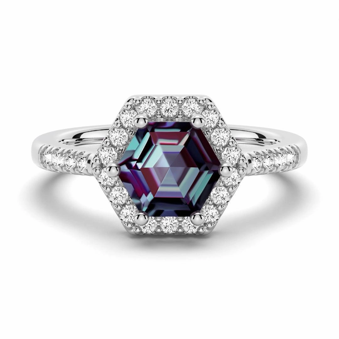 1.5 CT. Hexagon Cut Alexandrite Engagement Ring With Moissanite Halo Pav?? Fashion Look