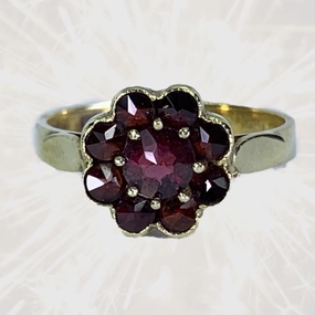 Expressive Edge 1950s Garnet Cluster Ring in a 14k Yellow Gold Flower Setting. Unique Bohemian Engagement Ring.