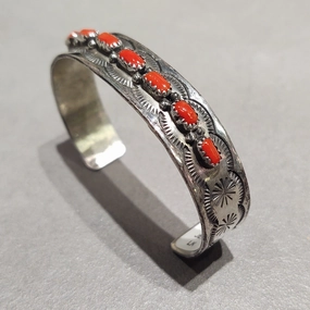 Jerry Bahe Navajo Sterling Silver Coral Bracelet - Handmade Native American Shining Feature Stunning Finish